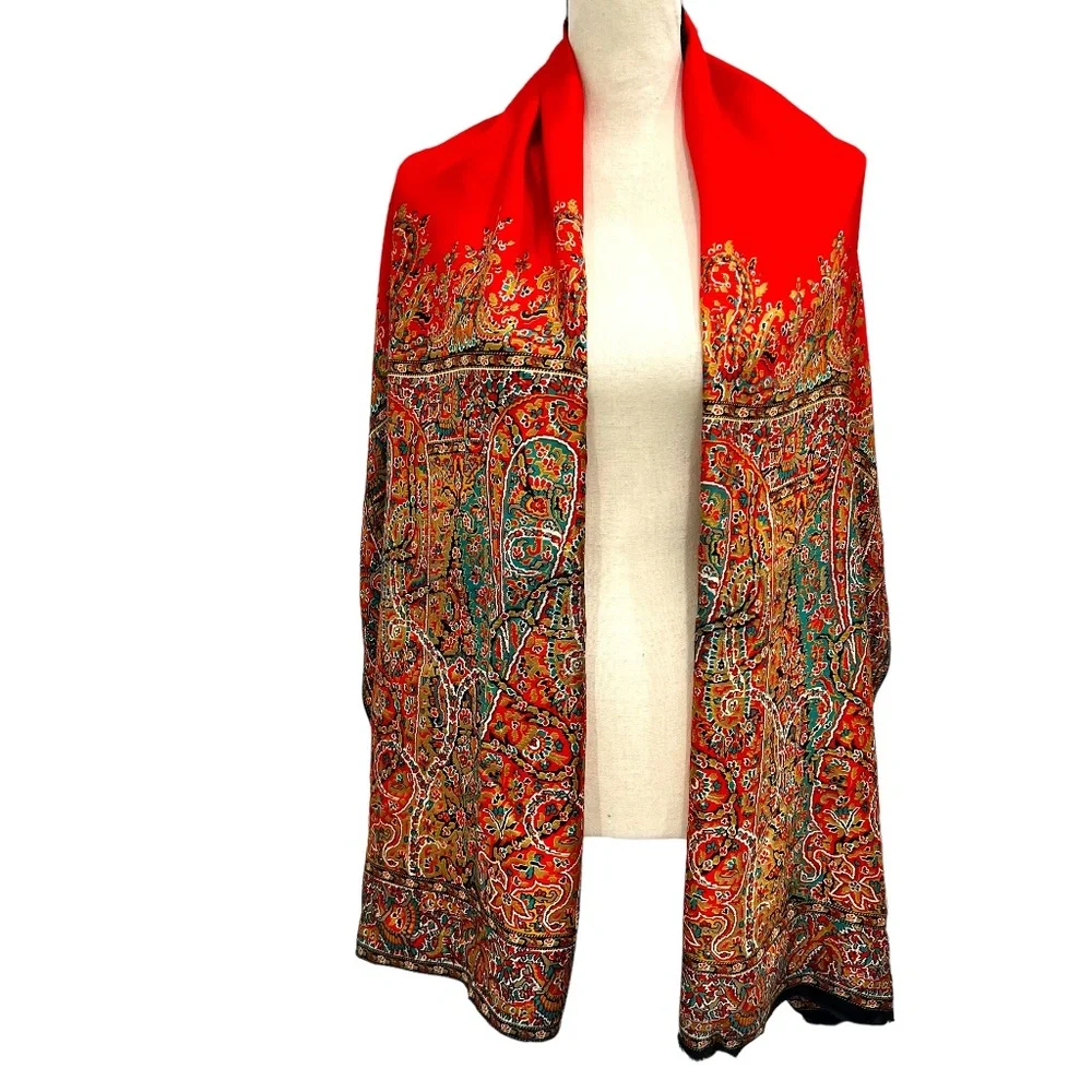 PERRY ELLIS RED, BLACK & GREEN TAPESTRY DESIGN 100% SILK SCARF